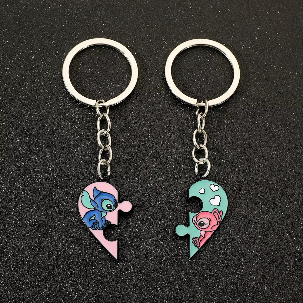 Disney Lilo & Stitch Keychain Cute Cartoon Figure Stitch Angel Love Heart Puzzle Keyrings Best Friendship Key Holder Jewelry