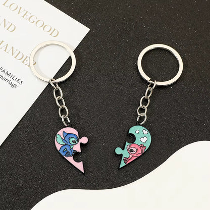 Disney Lilo & Stitch Keychain Cute Cartoon Figure Stitch Angel Love Heart Puzzle Keyrings Best Friendship Key Holder Jewelry