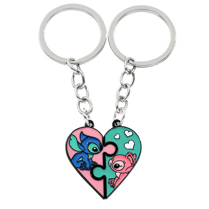 Disney Lilo & Stitch Keychain Cute Cartoon Figure Stitch Angel Love Heart Puzzle Keyrings Best Friendship Key Holder Jewelry