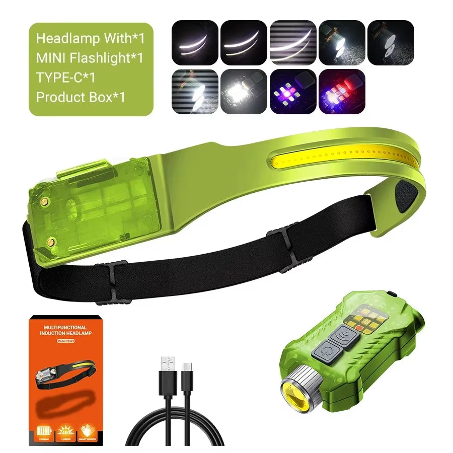 Sensor Headlamp LED Head Flashlight Rechargeable Headlight Head Torch Built-In Battery 5 Lighting Modes Fishing Camping Lantern