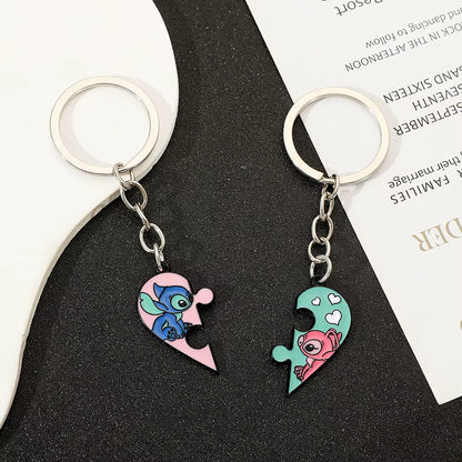 Disney Lilo & Stitch Keychain Cute Cartoon Figure Stitch Angel Love Heart Puzzle Keyrings Best Friendship Key Holder Jewelry