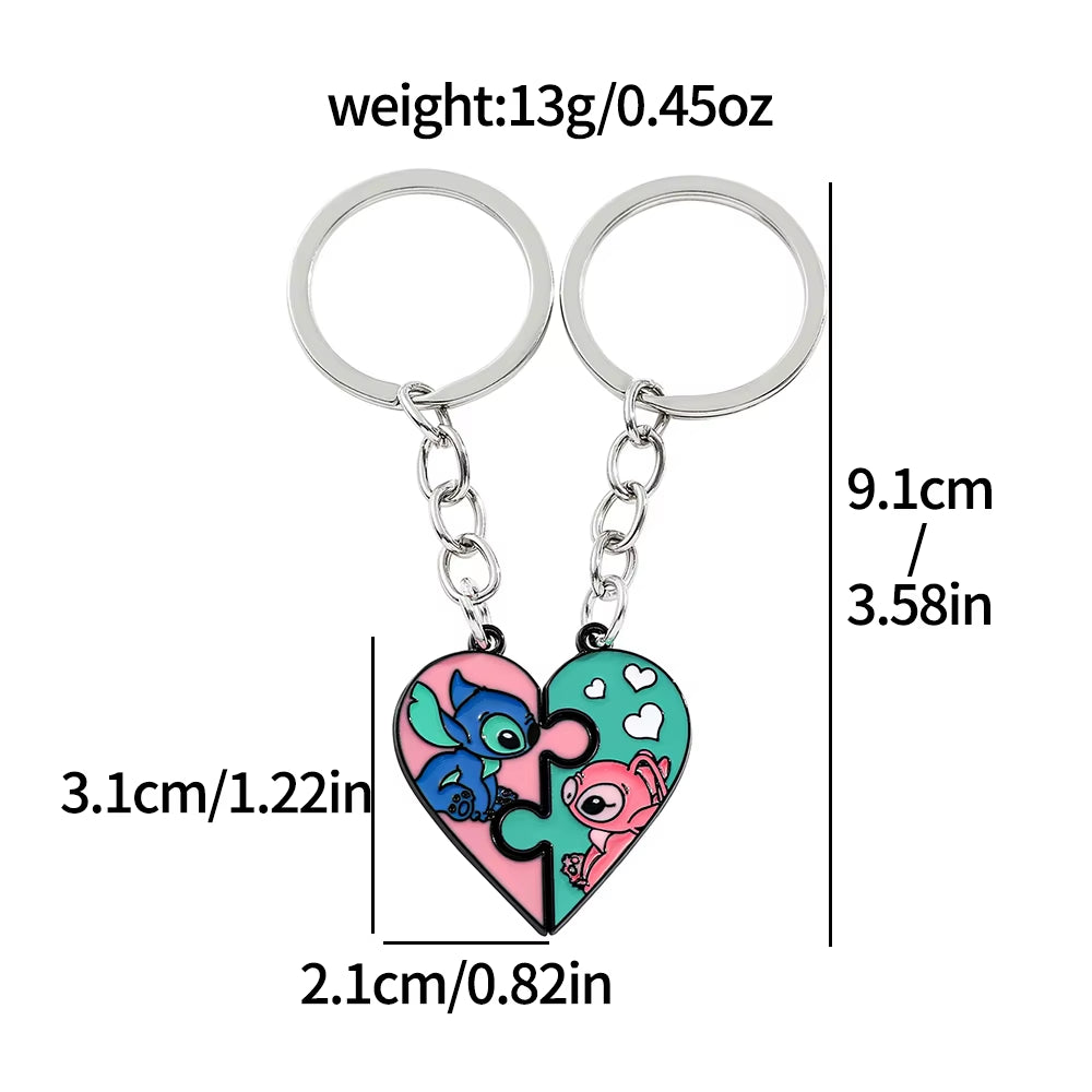 Disney Lilo & Stitch Keychain Cute Cartoon Figure Stitch Angel Love Heart Puzzle Keyrings Best Friendship Key Holder Jewelry