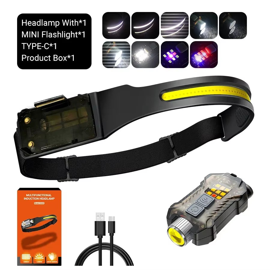 Sensor Headlamp LED Head Flashlight Rechargeable Headlight Head Torch Built-In Battery 5 Lighting Modes Fishing Camping Lantern