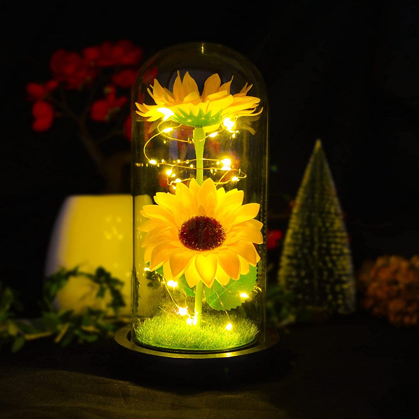 Elegant Artificial Sunflower Gift Set in Glass Dome - Ideal for Birthdays, Christmas, Valentine's Day, Weddings, Mother's Day, and Anniversaries (Yellow)